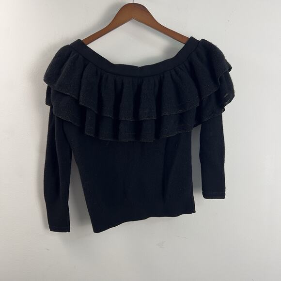 FRAME Off Shoulder Black Ruffled Collar Sweater Woman’s Size Medium Wool Blend - Picture 2 of 6